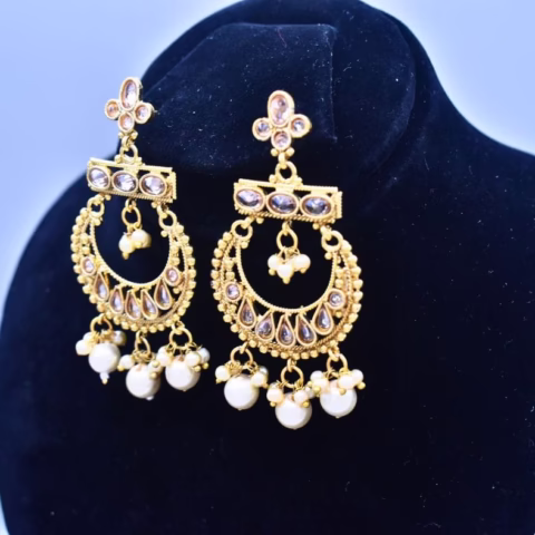 1K Fancy Party Wear Earrings with Champagne Stones & Pearls (ER-0027)