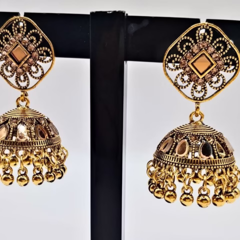 Antique Golden Jhumkas With Champagne Color Stones (ER-0019)