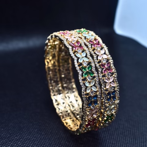 1k Multi-Color Floral Zircons Bangles Pair - (BG-0014)
