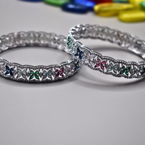 1k Multi color Zircons silver Toned Bangles Pair (BG-0015)