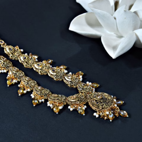 Antique Golden Bridal Mala with Light Brown Beads & Stones (MAL-0010)