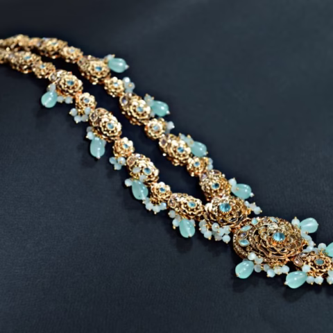 Heavy Bridal Mala with Mint Color Zircons & Beads (MAL-009)
