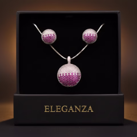 Round shaped Pink-White zircon Locket Set ( Golden-silver) (LC-0028)