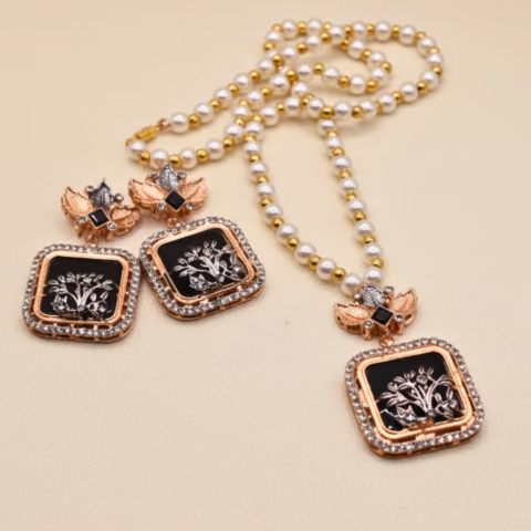 Egyptian Style Imported Zircon Pearl Mala set (6 color options) (MALS-0012)