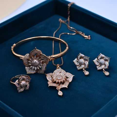 Golden Floral Layered Jewelry Set with Bracelet (JWS-001)