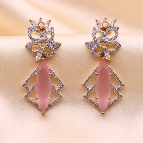 1k Soft Pink Imported Zircon Party Wear Golden Earrings (ER-0041-Golden)