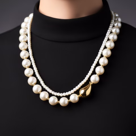 Modern Pearl Double Layer Necklace with Golden Touch (MAL-0012)