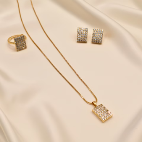 Rectangular Shiny Zircon Locket Set [2 color choices] (LC-0031)