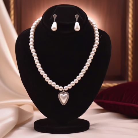 Classic Pearl Necklace Set with Heart Pendant (JWS-004)