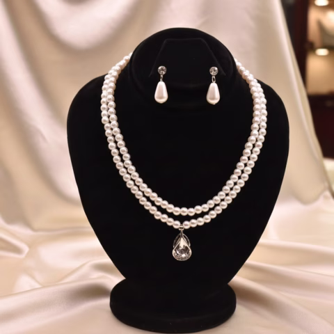 Double Layer Pearl Jewelry Set with Teardrop Zircon Pendant (JWS-005)