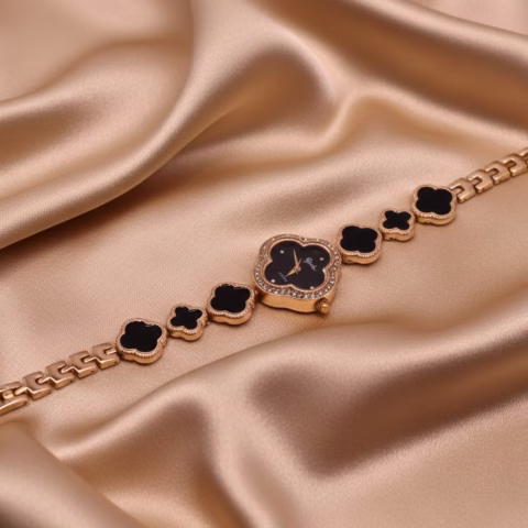 Premium Golden & Black Floral Chain Ladies Watch  (LW-001)