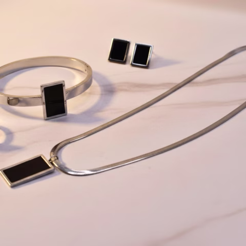 Silver Stainless Steel Rectangular Black Zircon Combo Set (JWS-0010)