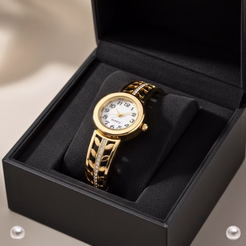 Elegant Stainless steel Leaf Design Golden Ladies Watch (LWS-003)