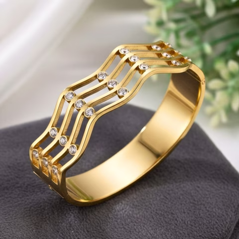 Wavy Design Stainless steel Handcuff Bracelet with Zircon Stones (BR-0032)