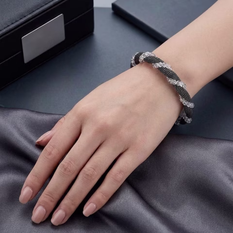 Black & Silver Net Texture Zircon Bracelet (BR-0027)