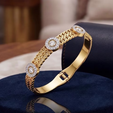 Premium Golden Stainless Steel Zircon Handcuff Bracelet (BR-0043)