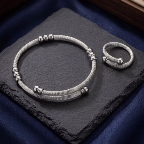 Modern Twisted Stainless Steel Silver Bracelet & Ring Combo (BR-0035)