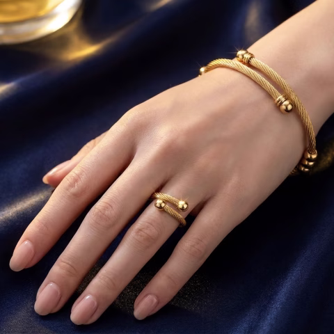 Modern Twisted Stainless Steel Golden Bracelet & Ring Combo (BR-0035)