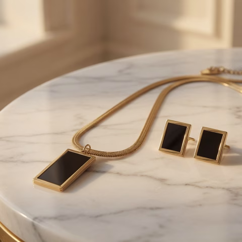 Elegant Golden & Black Rectangular Stainless Steel Locket Set (LC-0048)