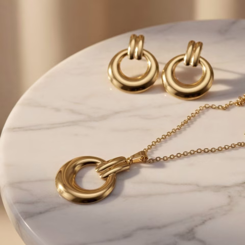 Golden Round Shape Stainless Steel Locket Set (LC-0049)