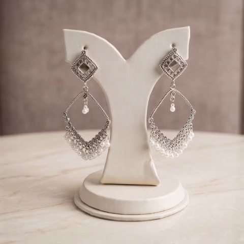 Elegant Open Frame Silver Oxidized Party Wear Earrings (ER-0061)