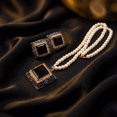 Premium Antique Egyptian Pearl Mala Set with Black Zircon (MALS-009)