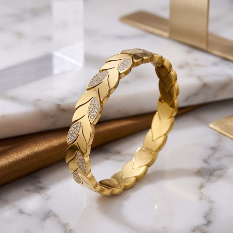 Premium Leaf Link Stainless Steel Cuff Bracelet with Sparkling Zircons (BR-0053)