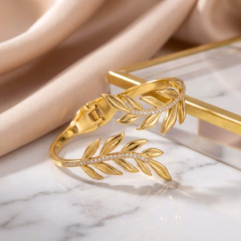 Sparkling Zircon & Leaf Branch Design Stainless Steel Cuff Bracelet (BR-0054)