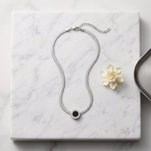 Imported Round Silver & Black Stainless Steel Pendant with Chain (PD-0068)