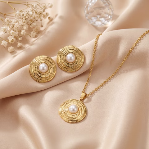 Premium Stainless Steel Pearl Textured Design Locket Set  (LC-0052)