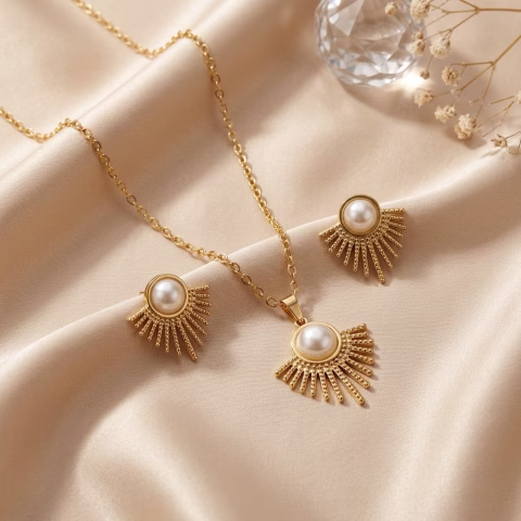 Pearl Sunburst Stainless Steel Locket Set with Tops (LC-0051)