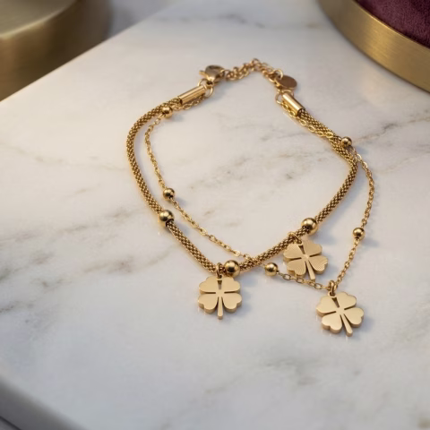 Stylish Golden Double Layer Floral Stainless Steel Bracelet (BR-0051)