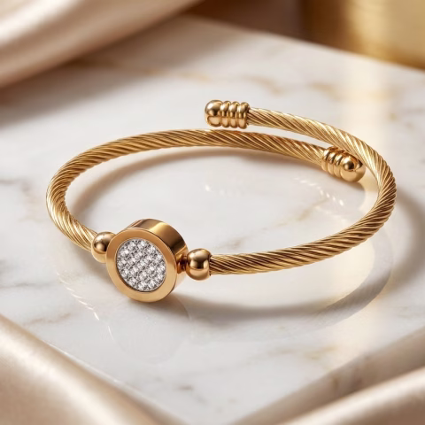 Premium Golden Stainless Steel Open Cuff Bracelet with zircons (BR-0048)