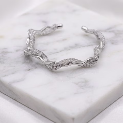 Sparkling Zircon Silver Net Design Kada Bracelet (BR-0028)