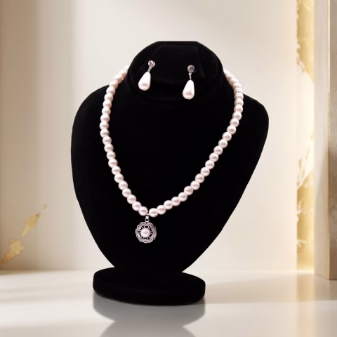 Graceful Pearl Jewellery Set with Floral Pendant (JWS-008)