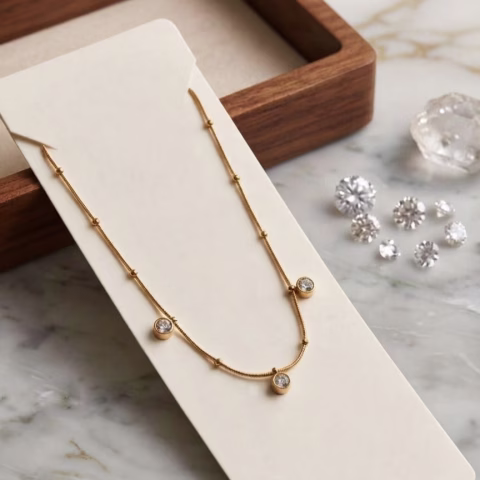 Designer Golden Stainless Steel Beads and Zircon Charm Necklace (PD-0071)