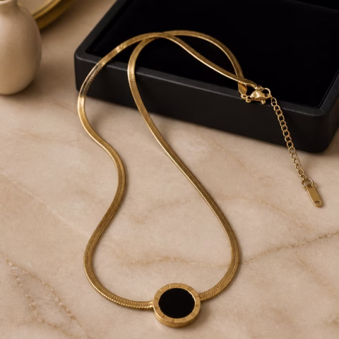 Imported Round Golden & Black Stainless Steel Pendant with Chain (PD-0068)