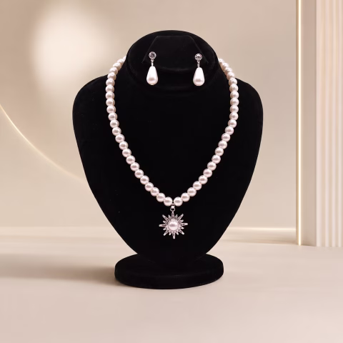 Elegant Pearl Jewelry Set with Sunburst Pendant (JWS-006)