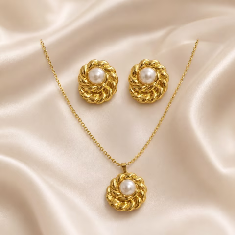 Stainless Steel Pearl Twisted Design Locket Set (LC-0053)
