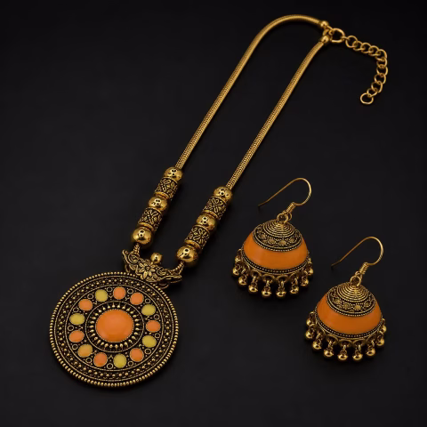 Golden Heavy Antique Mala Set with Jhumki Earrings (2 Colors) (MALS-0015)