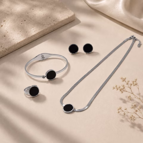 Silver & Black Round Design Stainless Steel (4 Piece) Combo Set (JWS-0011)