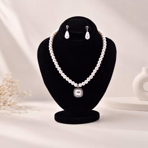 Pearl Jewelry Set with Square Pearl Pendant (JWS-007)